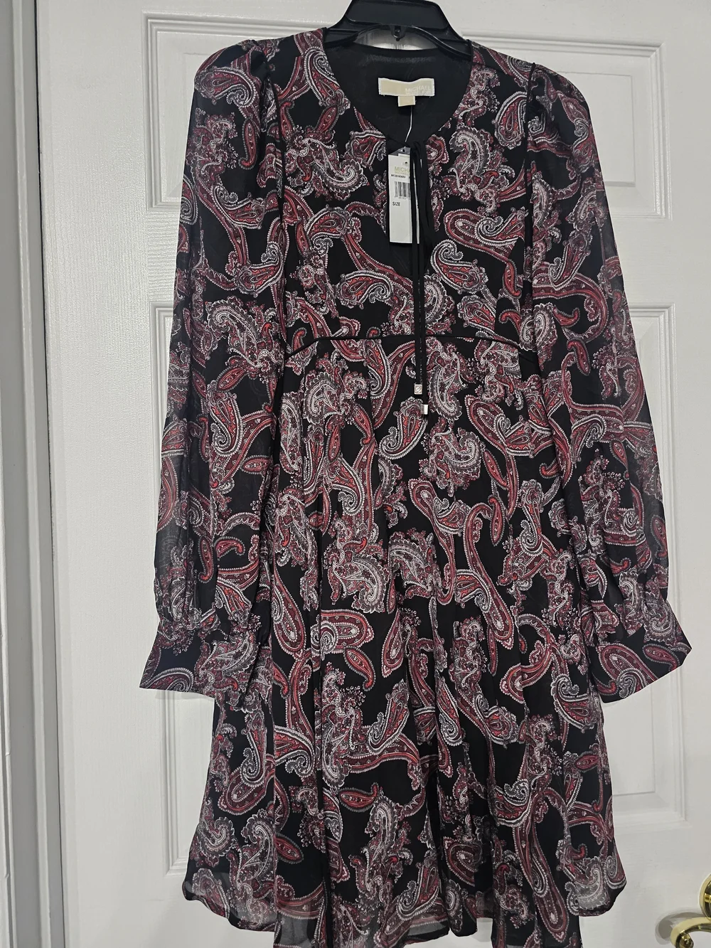 Michael Kors Black Paisley Long Sleeve Tiered Dress with Red Accents